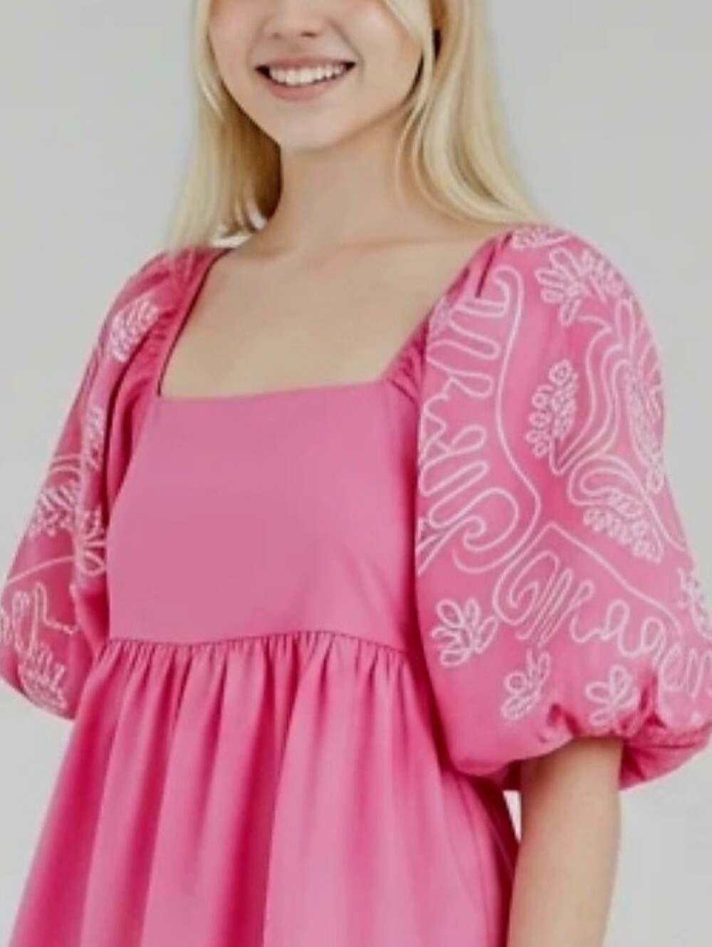 THML Embroidered Square-Neck Puff-Sleeve Blouse Top